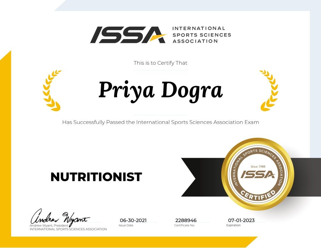 Sports nutrition certificate - Priya Aurora - KetoforIndia